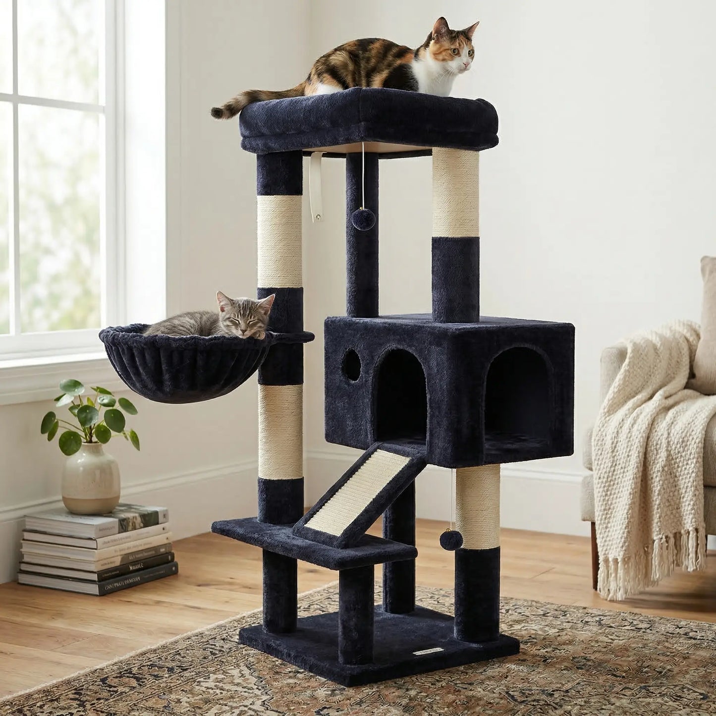 Globlazer Sturdy 50-Inch Corner Cat Tree Tower for Indoor Cats, Adult Cats;Scratching Board;Kitty Condo;Basket, S50, Beige