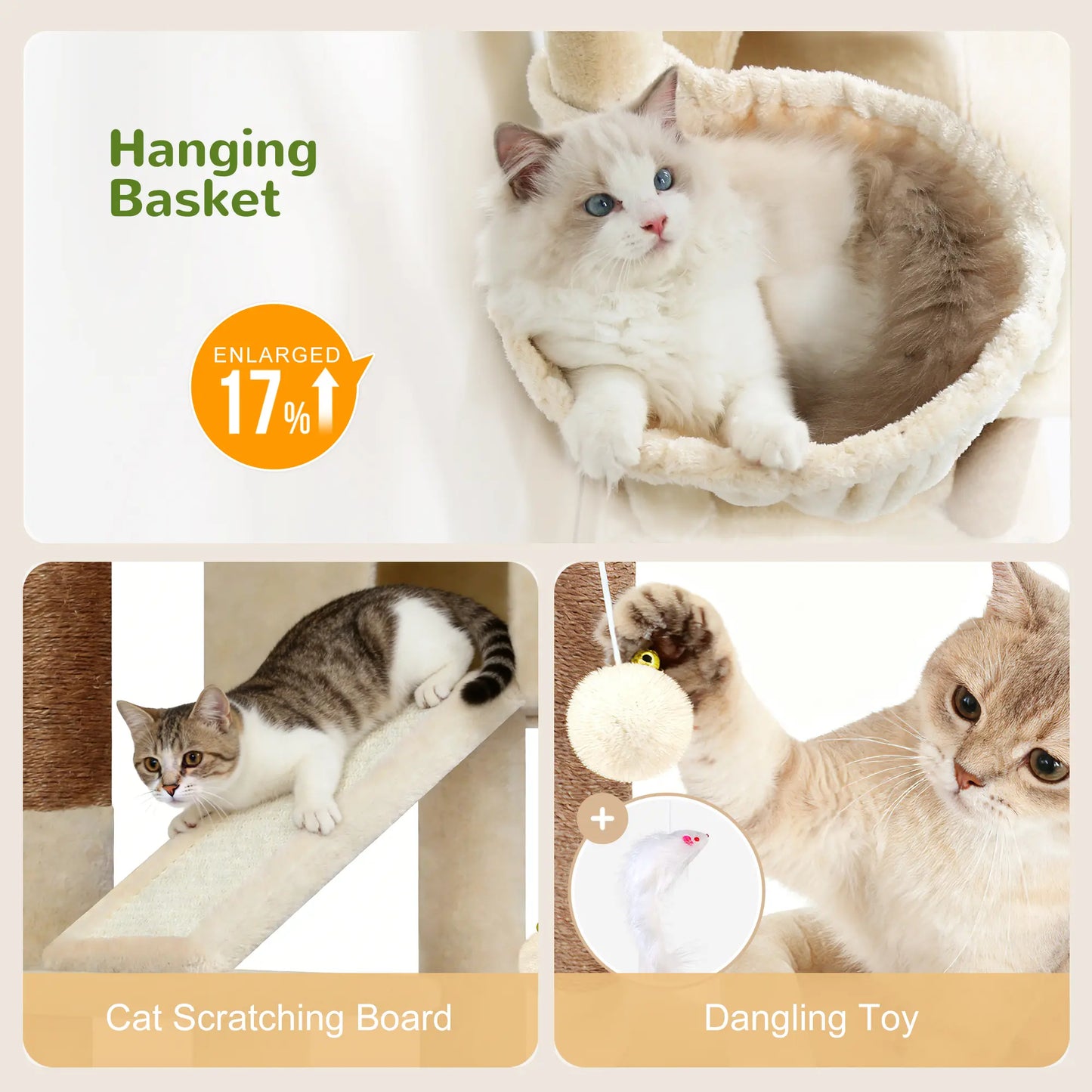 Globlazer Sturdy 50-Inch Corner Cat Tree Tower for Indoor Cats, Adult Cats;Scratching Board;Kitty Condo;Basket, S50, Beige