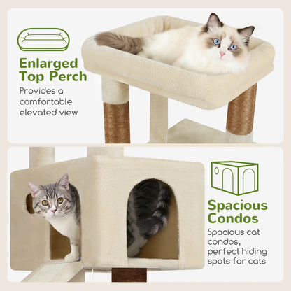 Globlazer Sturdy 50-Inch Corner Cat Tree Tower for Indoor Cats, Adult Cats;Scratching Board;Kitty Condo;Basket, S50, Beige