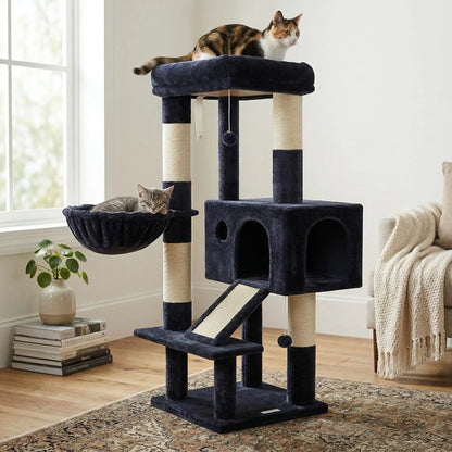 Globlazer Sturdy 50-Inch Corner Cat Tree Tower for Indoor Cats, Adult Cats;Scratching Board;Kitty Condo;Basket, S50, Beige