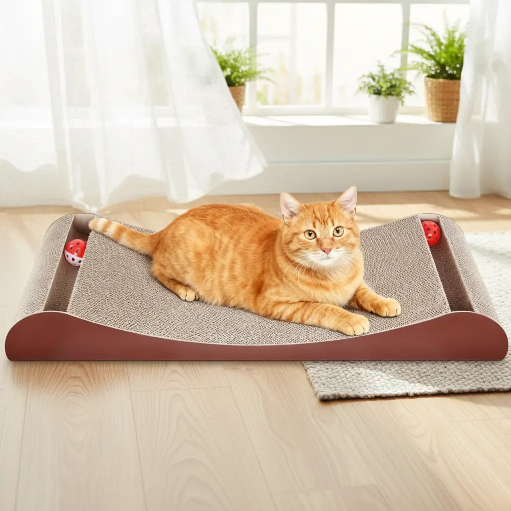 2026Petlovers Summervibes Cat Scratcher Lounge with Interactive Bell Balls – Durable Cardboard Scratching Pad for Indoor Cats
