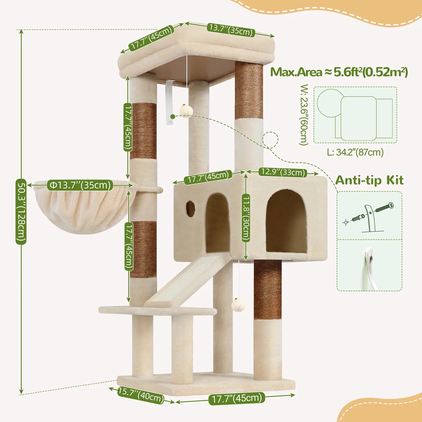 Globlazer Sturdy 50-Inch Corner Cat Tree Tower for Indoor Cats, Adult Cats;Scratching Board;Kitty Condo;Basket, S50, Beige