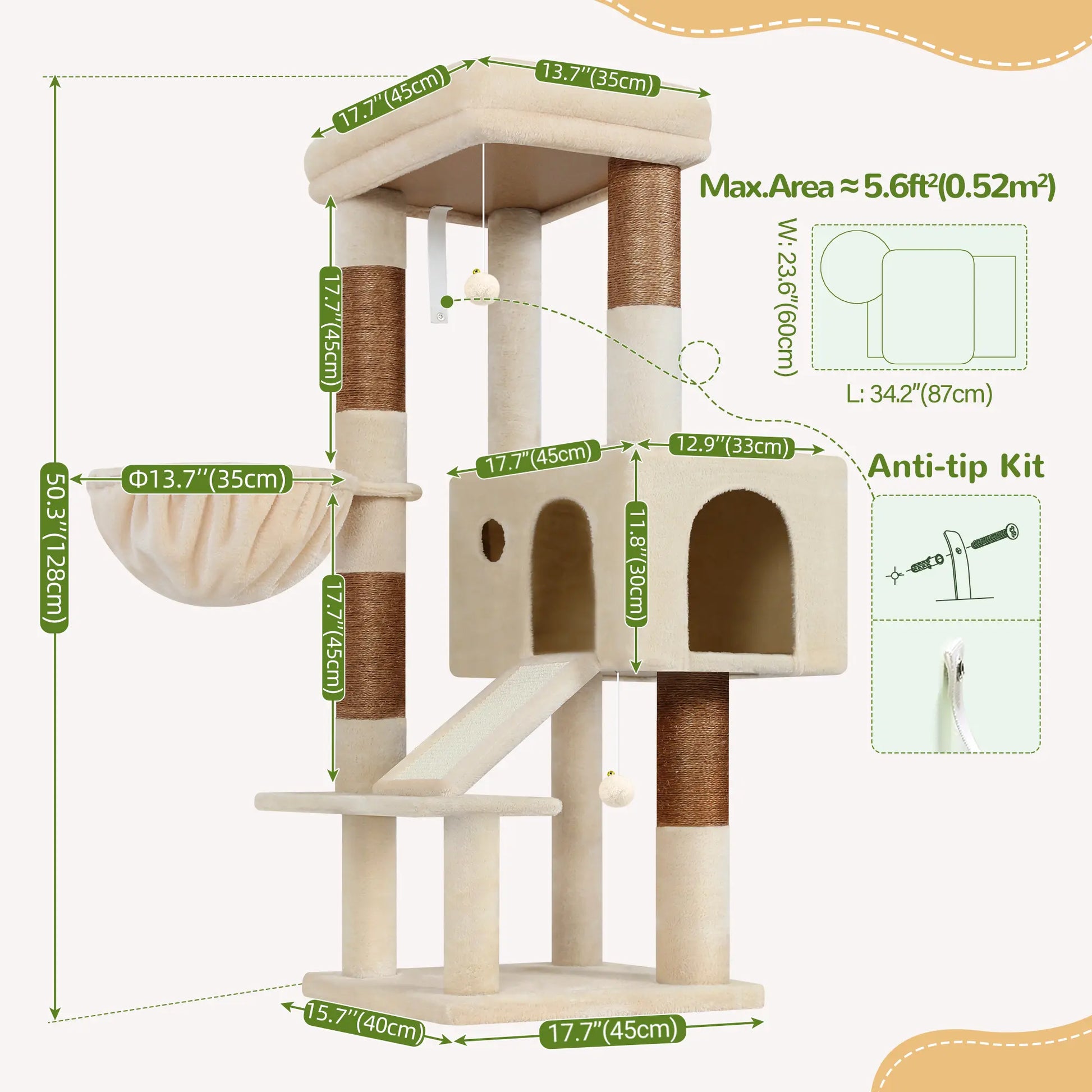 Globlazer Sturdy 50-Inch Corner Cat Tree Tower for Indoor Cats, Adult Cats;Scratching Board;Kitty Condo;Basket, S50, Beige