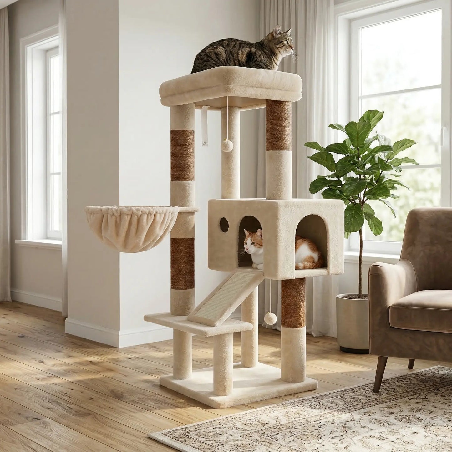 Globlazer Sturdy 50-Inch Corner Cat Tree Tower for Indoor Cats, Adult Cats;Scratching Board;Kitty Condo;Basket, S50, Beige