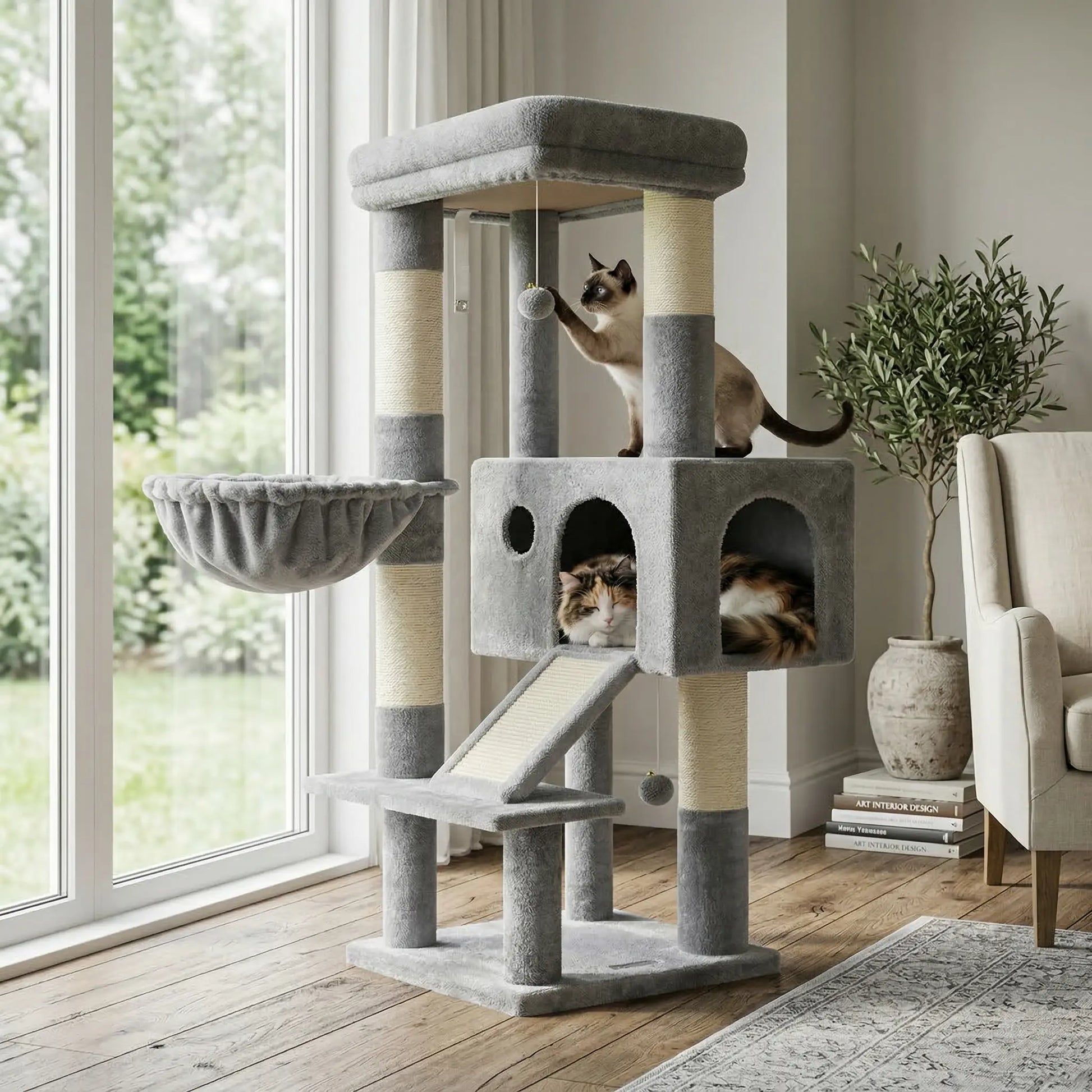 Globlazer Sturdy 50-Inch Corner Cat Tree Tower for Indoor Cats, Adult Cats;Scratching Board;Kitty Condo;Basket, S50, Beige