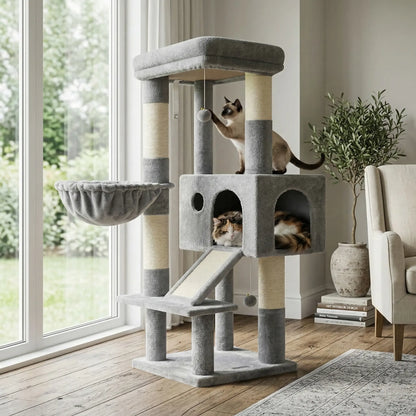 Globlazer Sturdy 50-Inch Corner Cat Tree Tower for Indoor Cats, Adult Cats;Scratching Board;Kitty Condo;Basket, S50, Beige